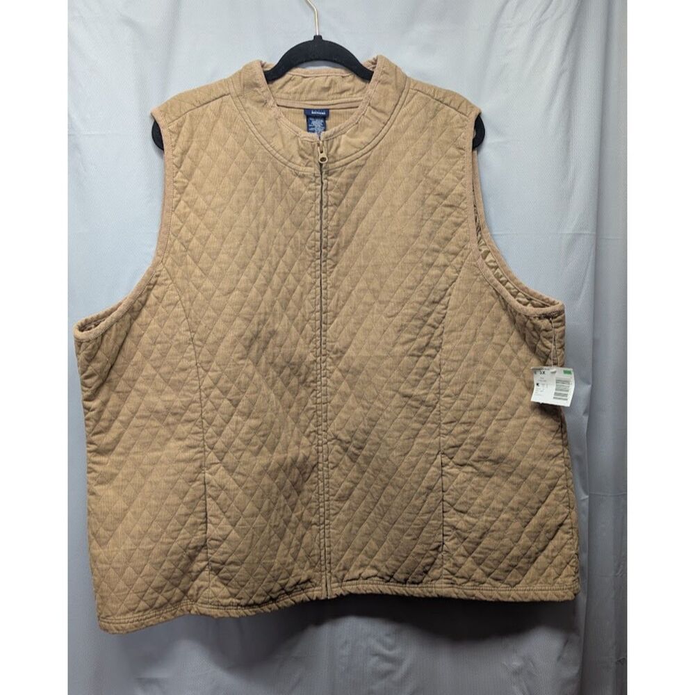 Basic Editions Womens 3X Quilted Corduroy Vest Tan Full Zip Plus Size NWT